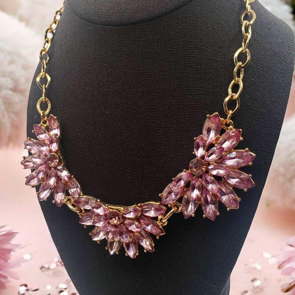 Retro 90's Pink Marquise Cut Rhinestones on Gold Tone Statement Necklace